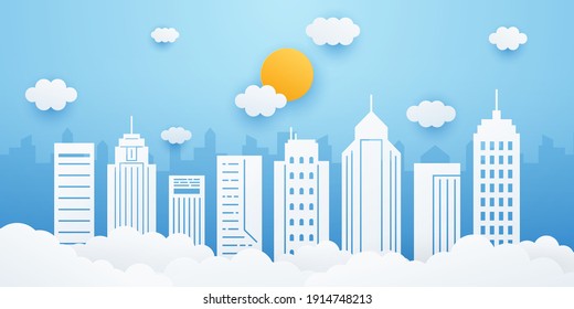 City landscape with building, clouds and sun on blue sky background. Cityscape in paper cut style. Vector illustration. 