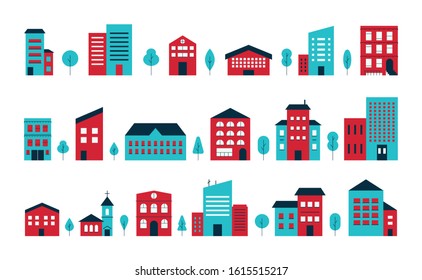 City landscape building design. Vector trendy colors town house exterior flat illustration. Residential set houses front view, townhouse building apartment, home facade