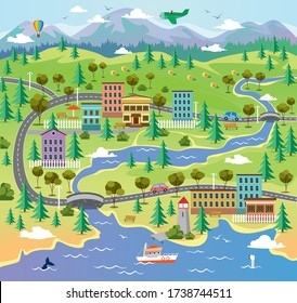 City landscape with building parks and roads vector illustration. Town surrounded by nature flat style. River with sea creatures and boat. Hot air balloon and airplane in sky