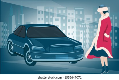 City Landscape - Buildings, Cars, A Woman In A Hat And A Red Coat With Fur Trim - Vector. Winter Clothes. Top Seasonal Clothes. Faux Fur.