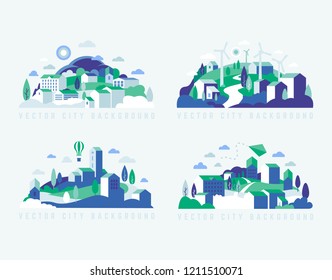 City Landscape With Buildings, Hills And Trees. Vector Illustration In Minimal Geometric Flat Style. Abstract Background Of Landscape In Half-round Composition For Banners, Covers. City With Windmills