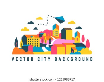 City landscape with buildings, hills and trees. Vector illustration in minimal geometric flat style. Abstract background for header images for websites, banners, covers. Vector simplicity logo design.