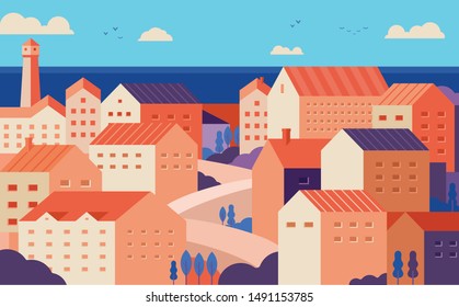 City landscape with buildings, hills, trees, and sea, vector illustration