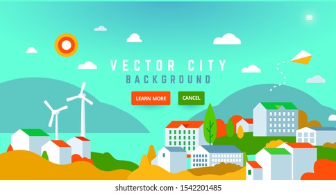 City landscape with buildings, hills, trees - abstract horizontal banner. Season autumn nature in the city banner with typography, autumn theme - greeting card, poster. Web header. City with windmills