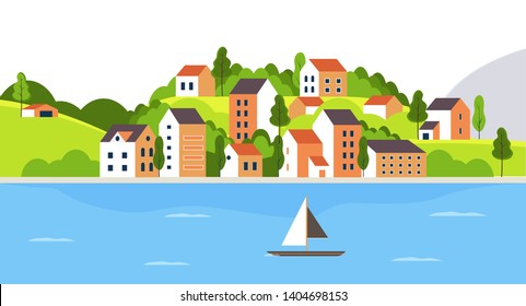 City landscape with buildings, lake and trees. Background for header images for websites, banners, covers and etc.