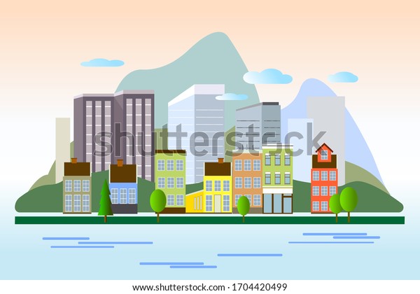 Vector De Stock Libre De Regalias Sobre Paisaje Urbano Con Edificios Montanas Mar