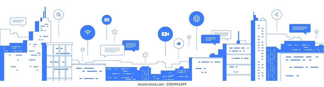 City landscape with buildings one color line art illustration. Cityscape infographic concept with icons. Social network, internet communication, office work. Horizontal banner design, editable stroke.