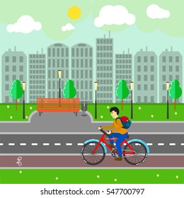 City landscape with buildings, road and cyclist vector illustration.