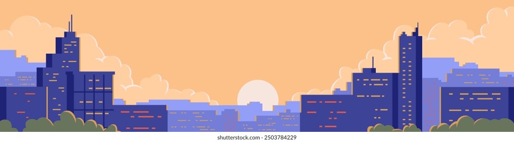 City landscape with buildings at sunset with cloud background. Downtown silhouette at sunrise flat simple illustration. Horizontal banner design of cityscape.