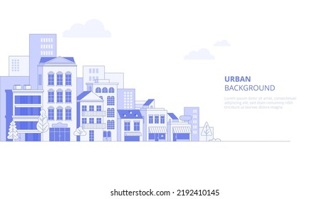 City landscape with buildings. Towers and buildings in modern flat style on white background. Abstract horizontal banner and background with copy space for text. Vector header images for web