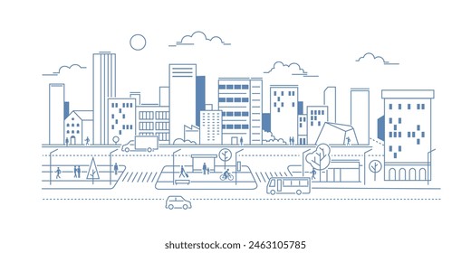 City landscape with buildings. Towers and buildings in modern flat style. Outline graphic. Line urban backdrop.