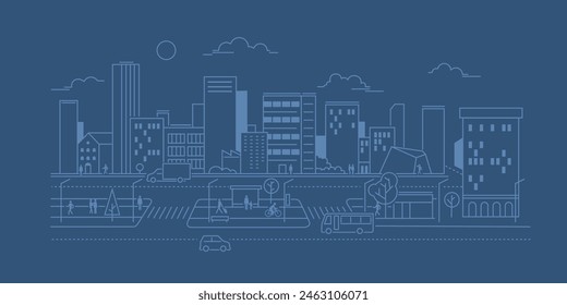 City landscape with buildings. Towers and buildings in modern flat style. Outline graphic. Line urban backdrop.