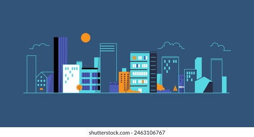 City landscape with buildings. Towers and buildings in modern flat style. Outline graphic. Line urban backdrop.