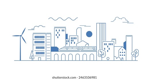 City landscape with buildings. Towers and buildings in modern flat style.  Outline graphic.  Line urban backdrop. 