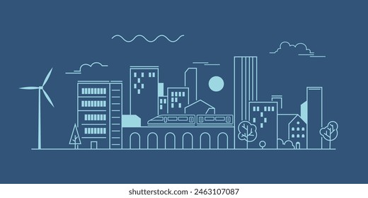 City landscape with buildings. Towers and buildings in modern flat style. Outline graphic. Line urban backdrop.