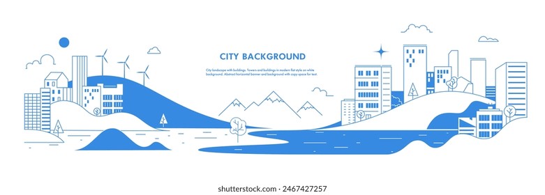 City landscape with buildings. Towers and buildings in modern flat line style on white background. Abstract horizontal banner and background with copy space for text.