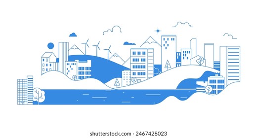 City landscape with buildings. Towers and buildings in modern flat line style on white background.