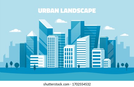 Paisaje urbano con edificios y árboles - banner horizontal abstracto y fondo con espacio de copia para texto - imágenes de cabecera para web. Ilustración de Vector de diseño plano