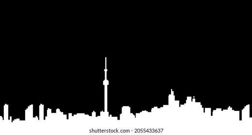 City landscape. Buildings, white silhouette isolated on black background. Infinity horizontal cityscape. Contour drawing. Outline illustration, black and white style, panoramic view