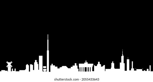 City landscape. Buildings, white silhouette isolated on black background. Infinity horizontal cityscape. Contour drawing. Outline illustration, black and white style, panoramic view