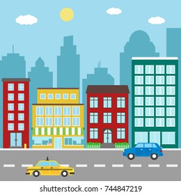 City landscape with buildings,stores, car and taxi. Vector illustration,flat style design