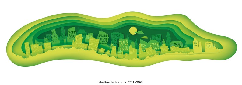 City landscape carved from paper. Paper application. Ecologically clean city, layered illustration. Artistic image on the wall, vinyl sticker. Vector illustration on white background.