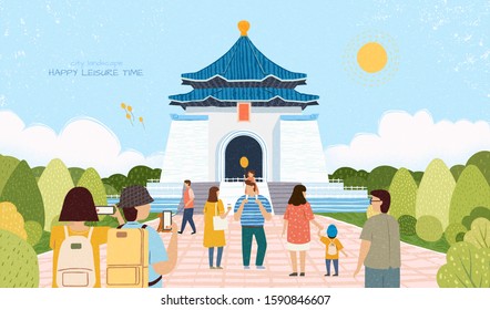 City landscape Chiang kai shek memorial hall touring illustration in hand drawn flat style, Taiwan travel concept