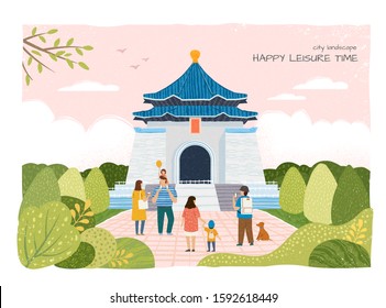 City landscape Chiang kai shek memorial hall touring illustration in hand drawn flat style, Taiwan travel concept