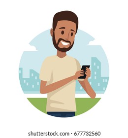 city landscape in circular frame with closeup brunette man bearded social network communication
