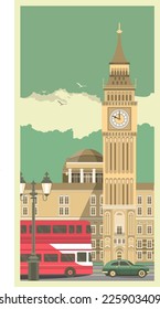 City landscape with clock tower at the foot of the tower rides double Decker buses and cars