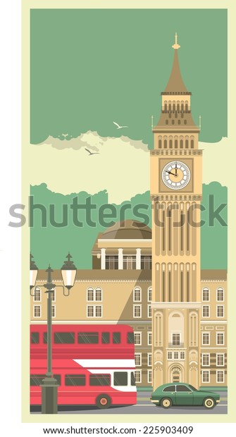 City landscape with clock tower at\
the foot of the tower rides double Decker buses and\
cars