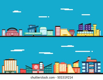 City landscape. Clouds in the sky. Flat vector illustration. Public buildings