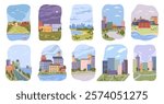 City landscape collection in day and night. Vector view of roads and parks, lakes and rivers, highrise and municipal buildings. Cityscape with greenery and clouds. Suburban and urban life set