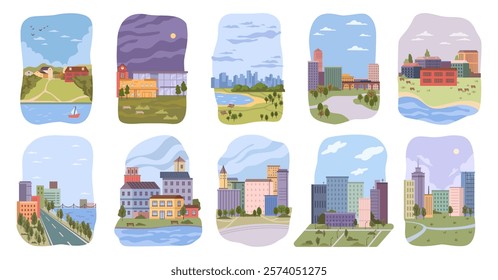 City landscape collection in day and night. Vector view of roads and parks, lakes and rivers, highrise and municipal buildings. Cityscape with greenery and clouds. Suburban and urban life set