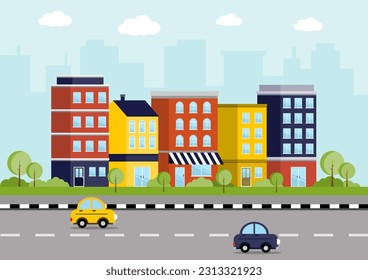 City landscape with colorful buildings, parks, and streets. Cityscape flat design and urban lifestyle. Vector Illustration.