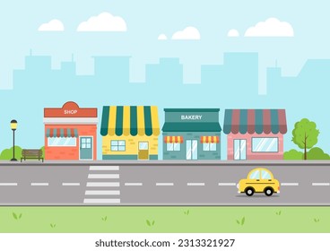 City landscape with colorful shops, and stores. Cityscape flat design and urban lifestyle. Vector Illustration.