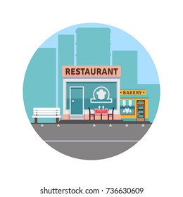 City landscape concept with downtown silhouette and restaurant and bakery colorful front. Vector illustration