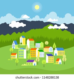 City landscape concept. Geometric urban scene. City landscape with buildings, hills and trees. Vector illustration.