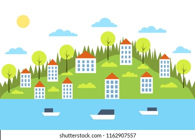 City landscape concept. Geometric urban scene. City landscape with buildings, hills, lake, boats and trees. Vector illustration.