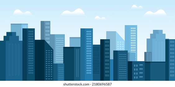 City landscape concept. Modern city with skyscrapers. Architecture and exterior. Poster or banner for website. Urbanization and structure. Corporate towers at night. Cartoon flat vector illustration