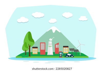 City landscape concept tall buildings coexisting with the nature of renewable green energy. Vector illustration in modern flat style. 