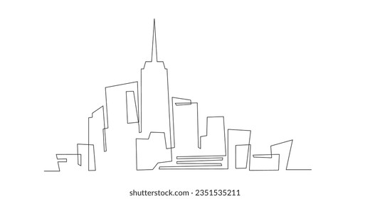 City landscape continuous one line. Single line cityscape. Downtown landscape with skyscrapers. Architectural panorama. Hand drawn sketch with urban silhouettes, city, skyscraper, building. Vector