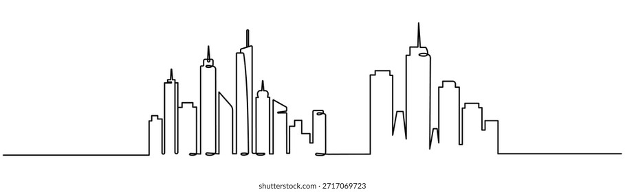 Paisagem da cidade contínua uma linha. Paisagem urbana de linha única. Panorama arquitetônico. Desenho desenhado à mão com silhuetas urbanas, cidade, arranha-céu, edifício. Traçado editável de vetor