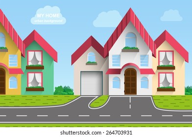 city landscape with cottages on the street, flat modern style, vector illustration