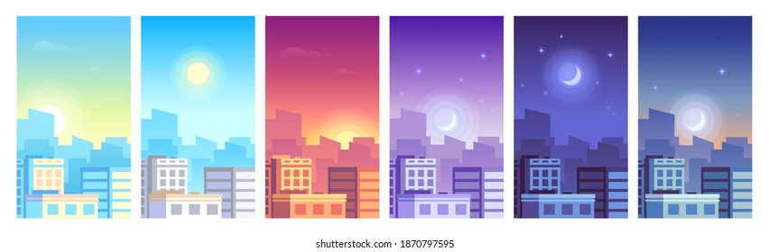 City landscape. Daytime cityscape sunrise, morning or day, sunset and night city skyline, town with buildings in different time and urban cityscape. Architecture silhouette vector set