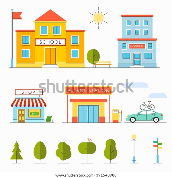 City Landscape Design Elements Set Flat Stock Vector Royalty Free