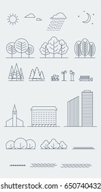 City landscape design elements. Urban graphic outline set. Linear style.  Vector illustration.