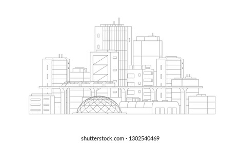 City landscape drawing. Modern architecture, buildings. Train crossing the light rail subway. Gray lines outline contour style.