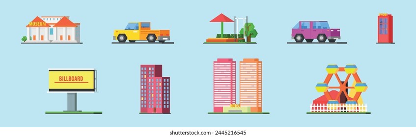 City Landscape Element with Ferris Wheel, Hotel Building, Billboard, Car, Museum and Apartment Vector Set