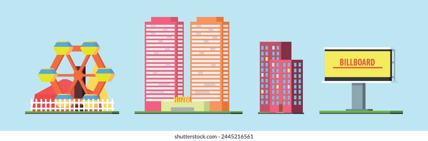 City Landscape Element with Ferris Wheel, Hotel Building, Billboard and Apartment Vector Set